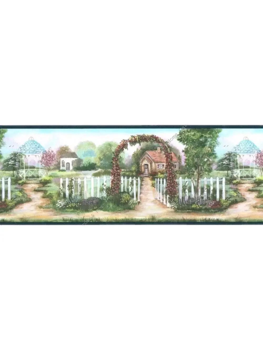 Country Garden Arbor Cottage Gazebo White Picket Fence Blue Wallpaper Border 6